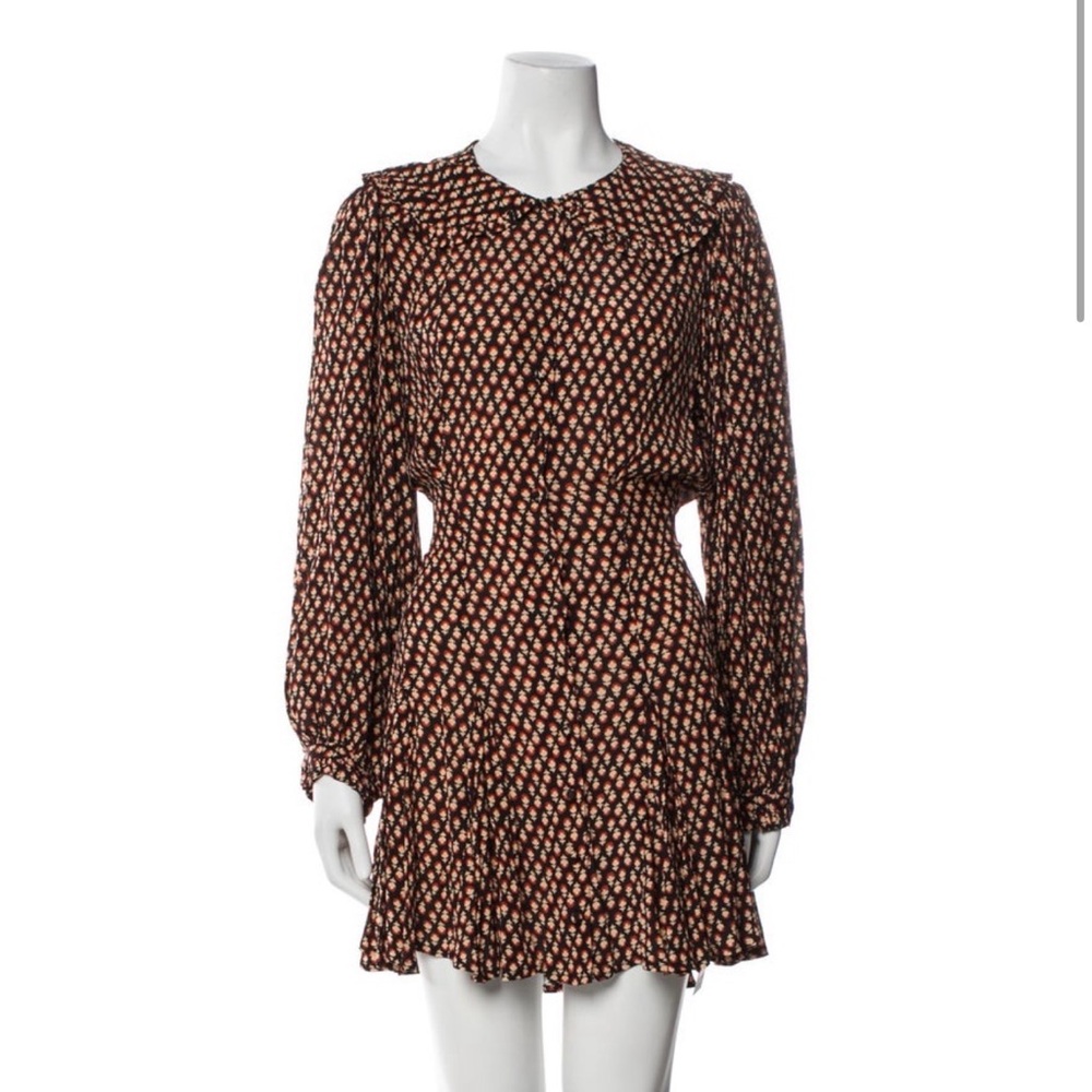 Long-Sleeve Floral Print Mini Dress in Brown and Cream
